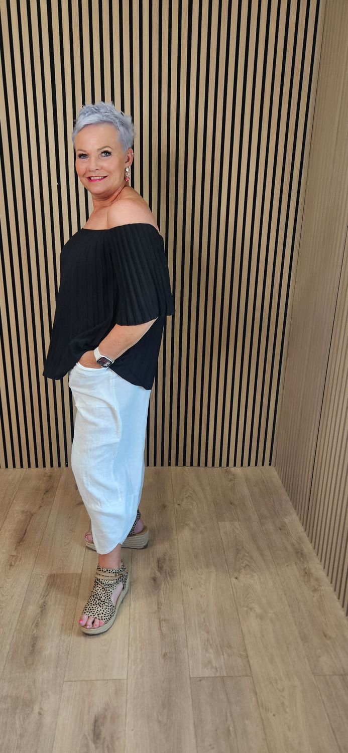 Pleated Bardot Top – Black