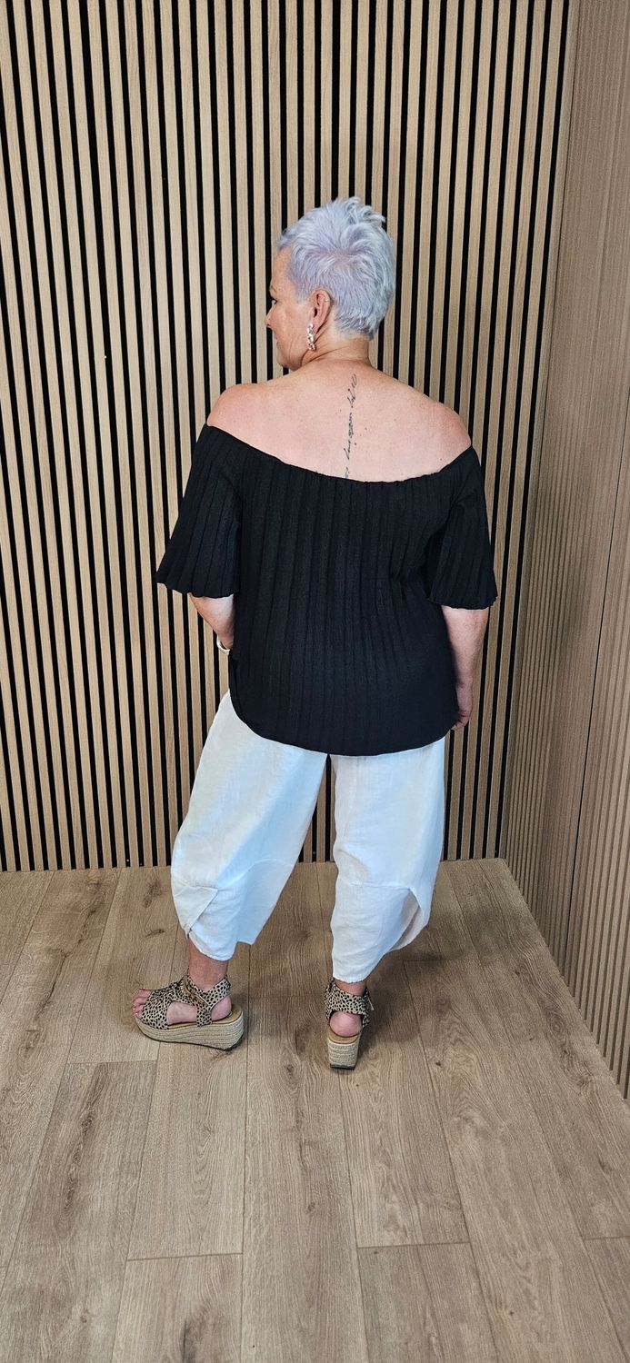 Pleated Bardot Top – Black