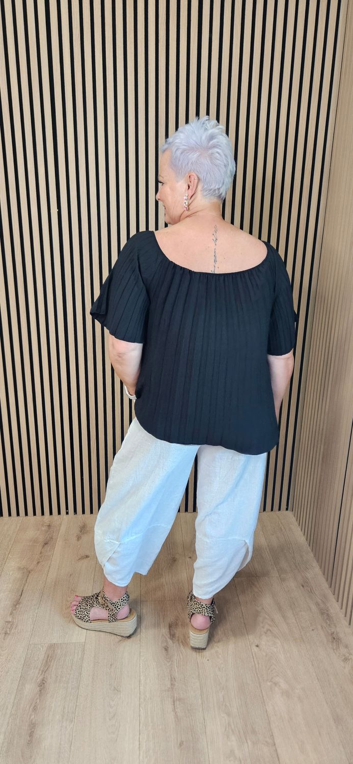 Pleated Bardot Top – Black
