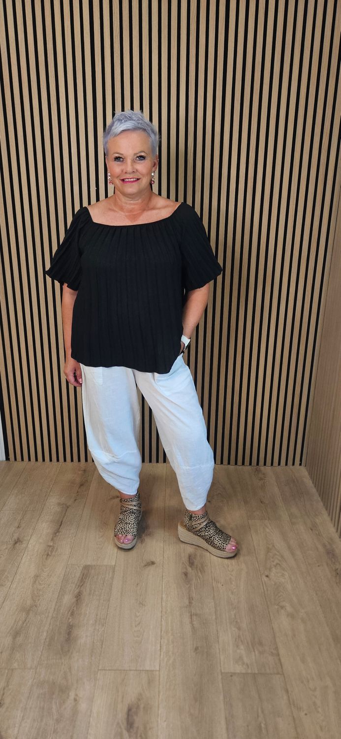 Pleated Bardot Top – Black