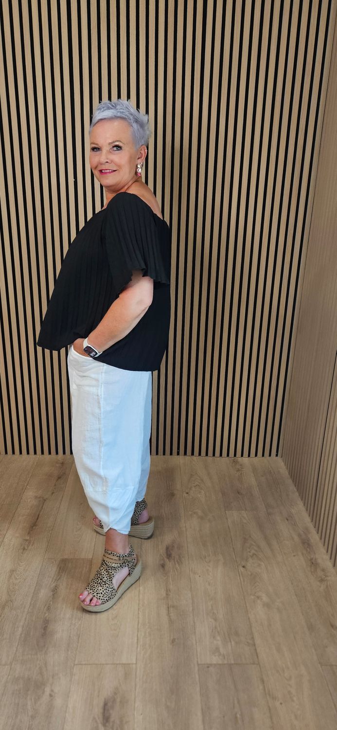 Pleated Bardot Top – Black