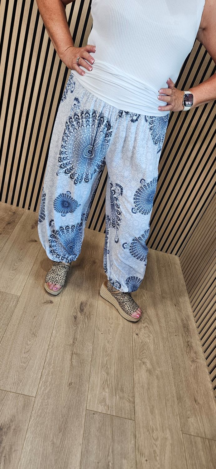 Mandala Print Cotton Harem Trousers - White/Navy
