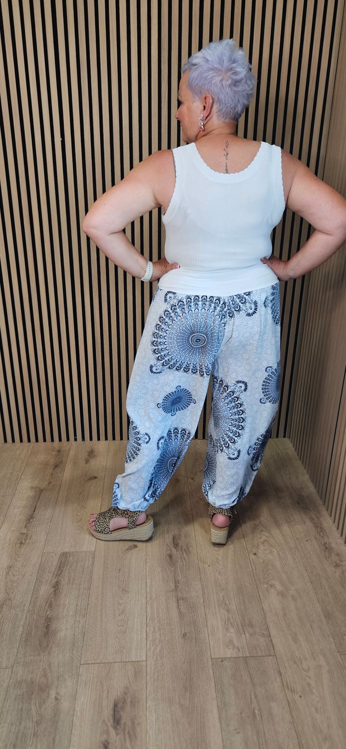 Mandala Print Cotton Harem Trousers - White/Navy