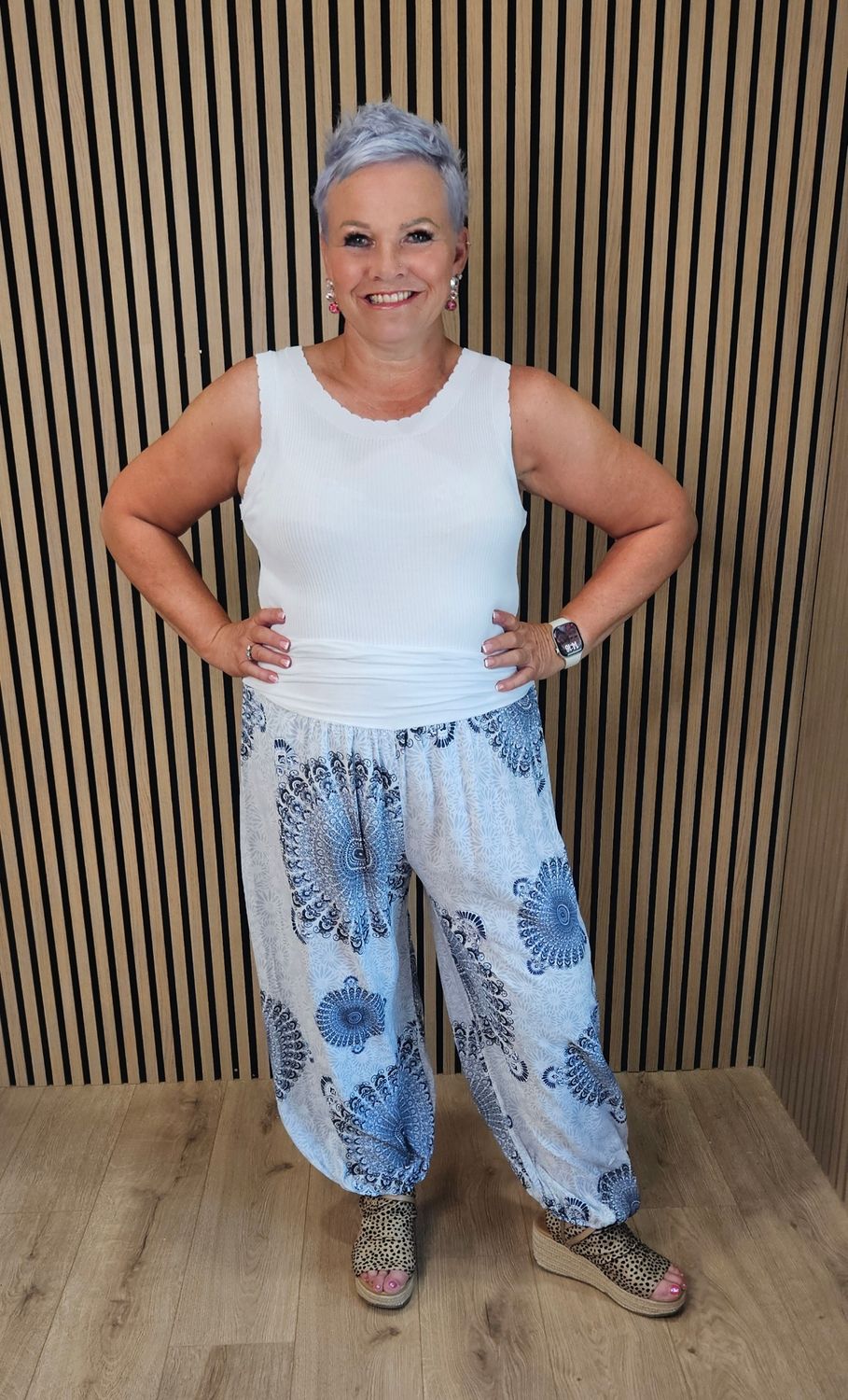 Mandala Print Cotton Harem Trousers - White/Navy