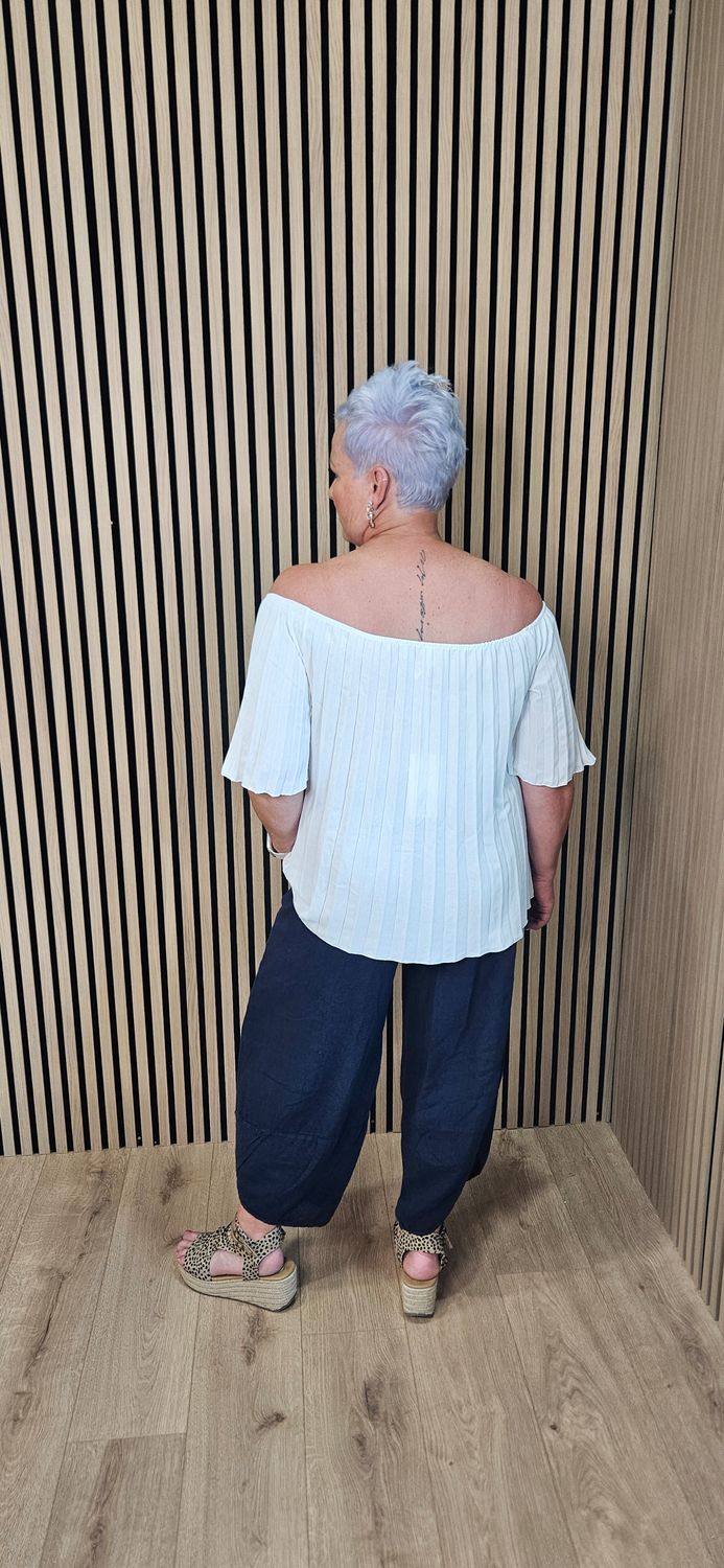 Pleated Bardot Top – White
