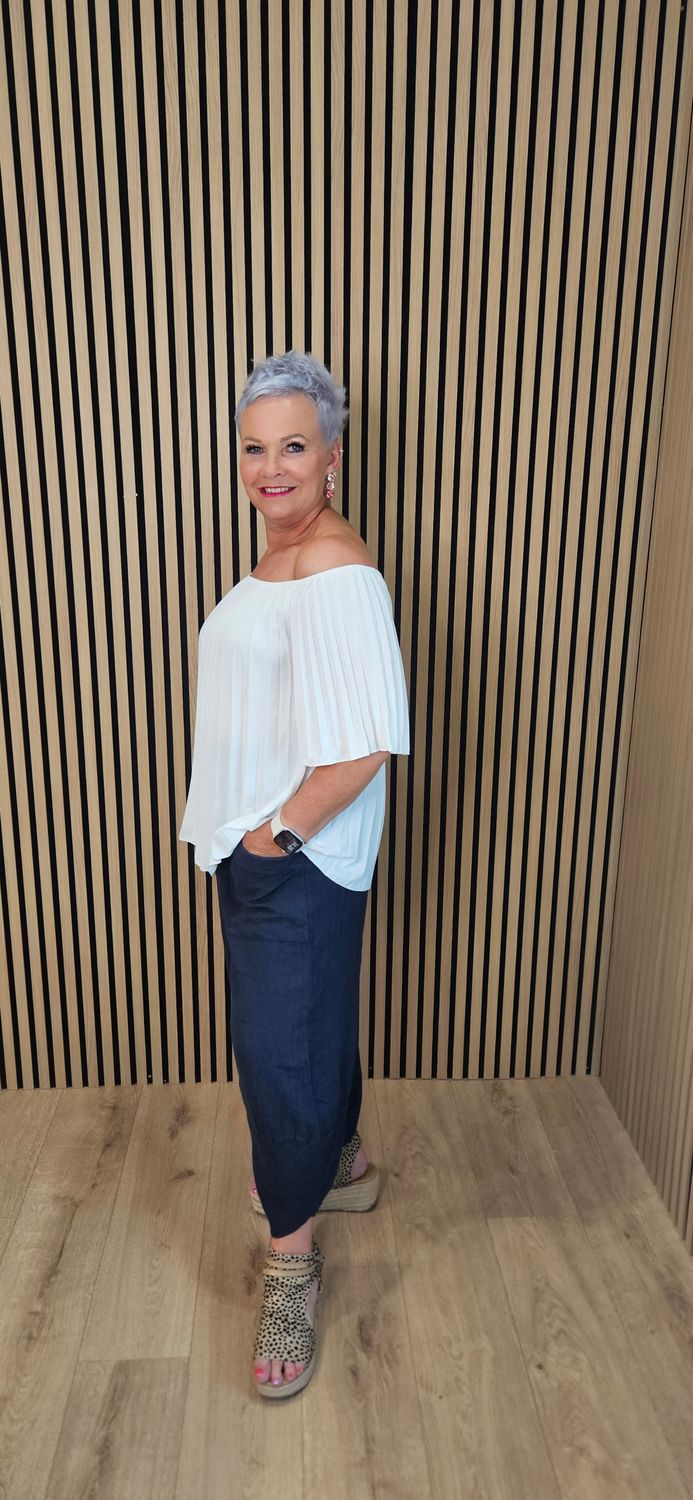 Pleated Bardot Top – White
