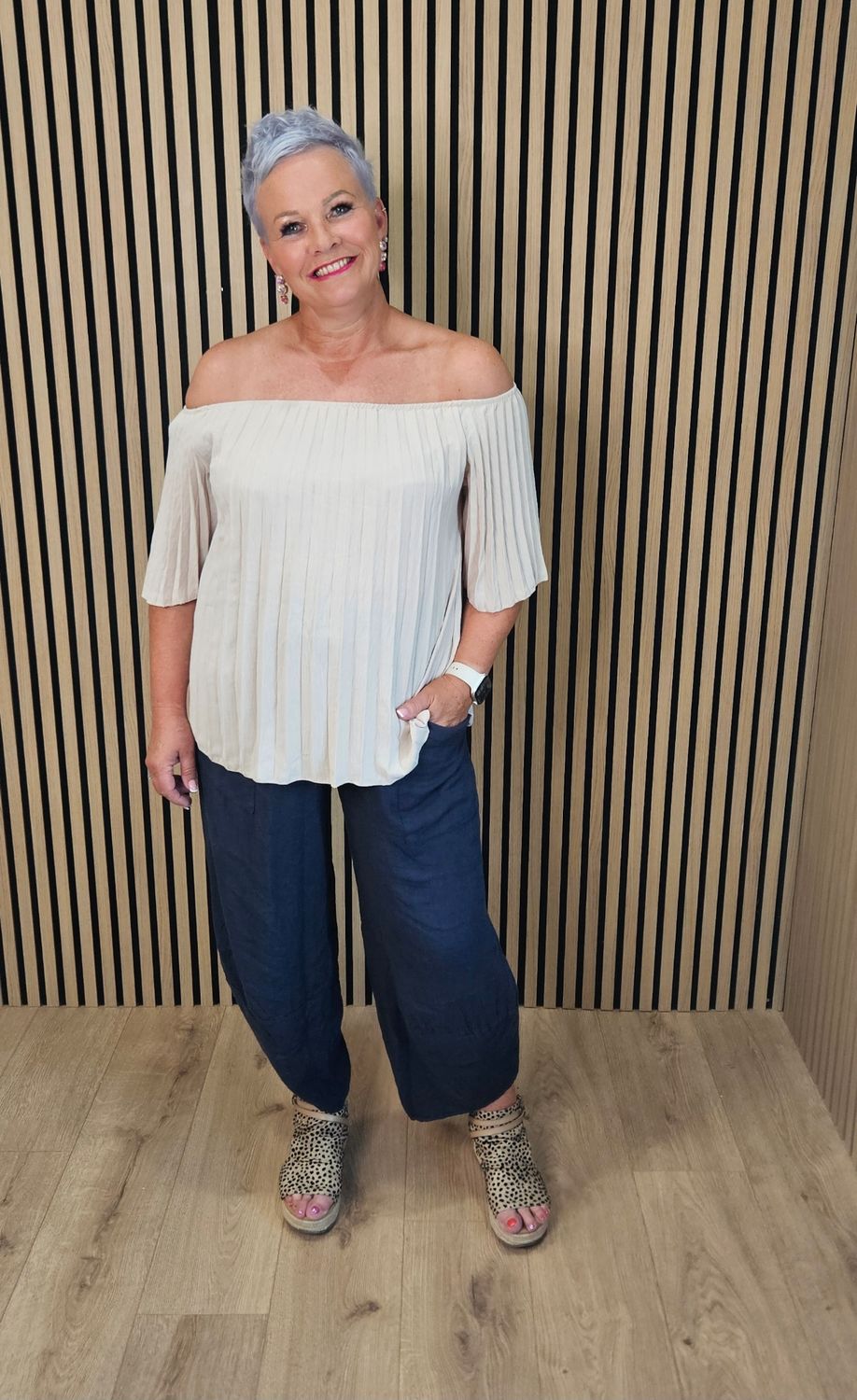 Pleated Bardot Top – Stone