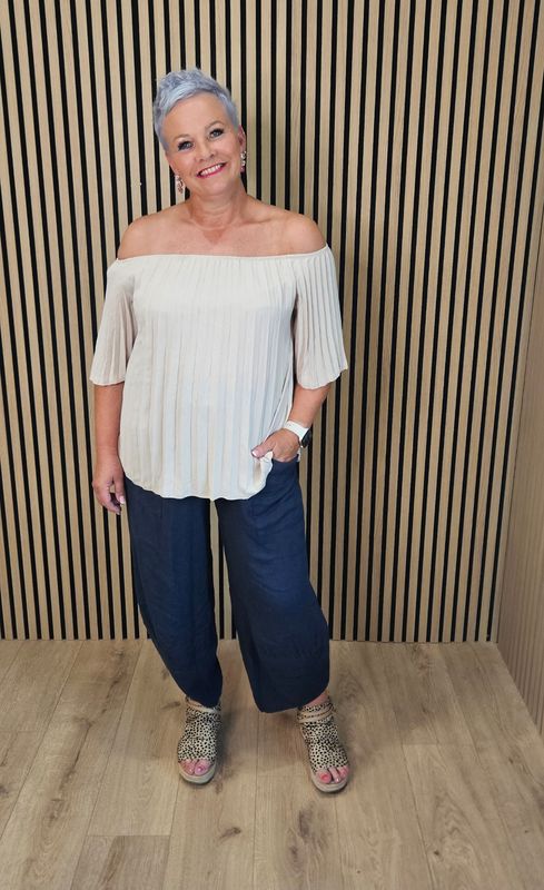 Pleated Bardot Top – Stone