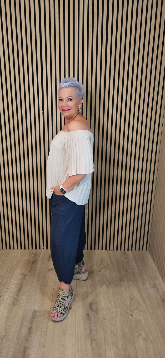 Pleated Bardot Top – Stone