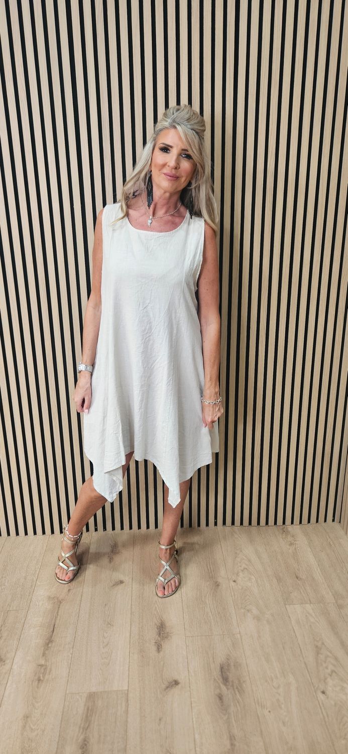 Linen Blend Asymmetric Dress – Stone
