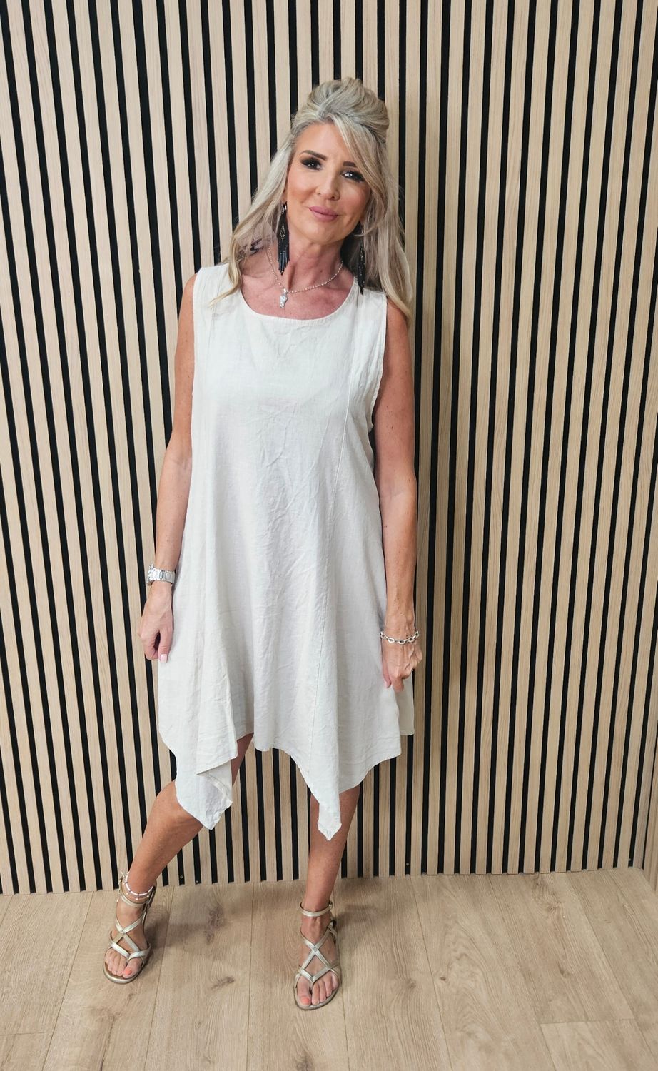 Linen Blend Asymmetric Dress – Stone