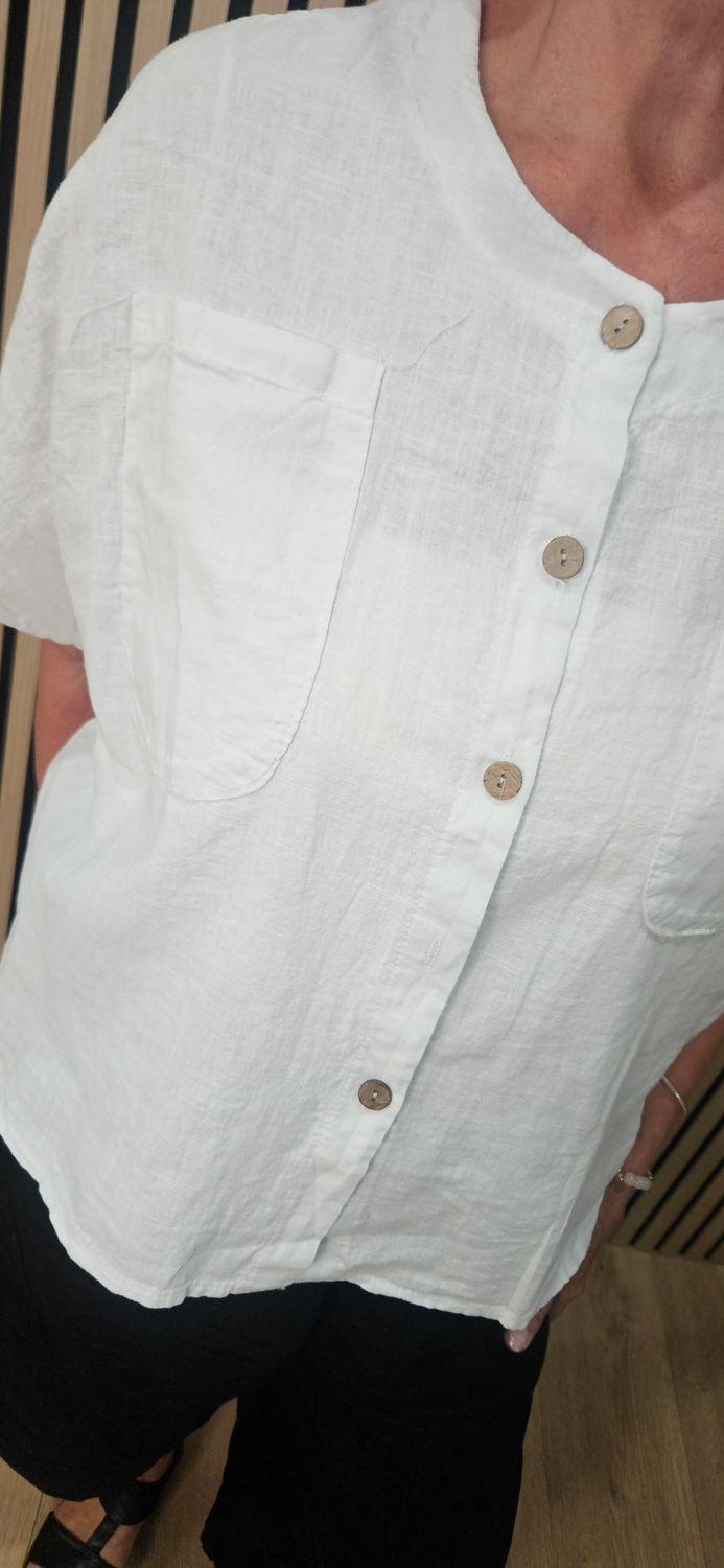 Linen Blend Button Detail Top – White