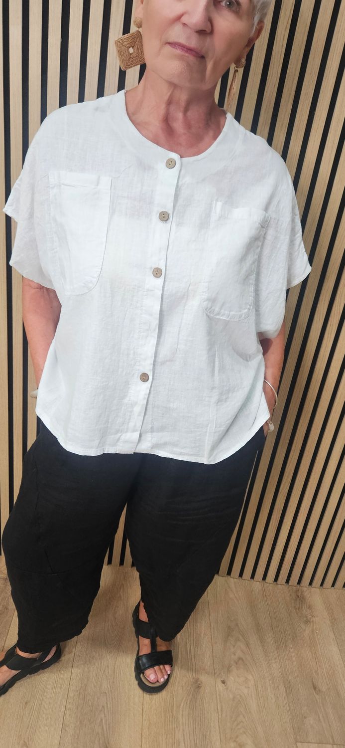 Linen Blend Button Detail Top – White
