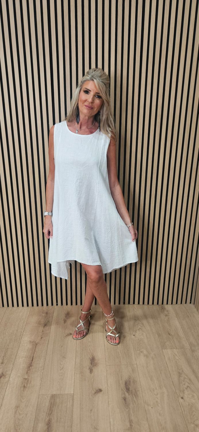 Linen Blend Asymmetric Dress – White