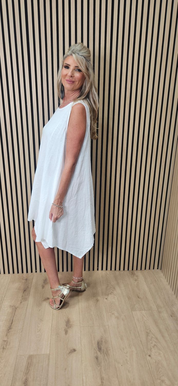 Linen Blend Asymmetric Dress – White