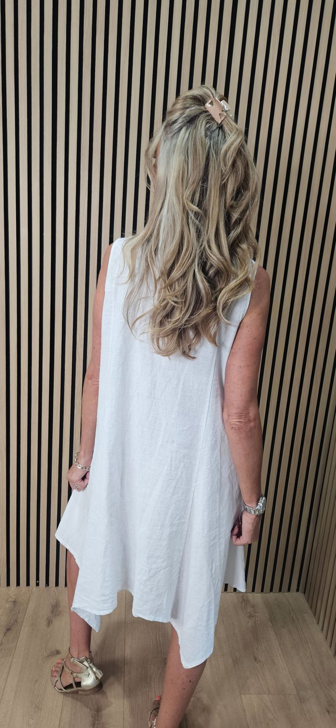 Linen Blend Asymmetric Dress – White