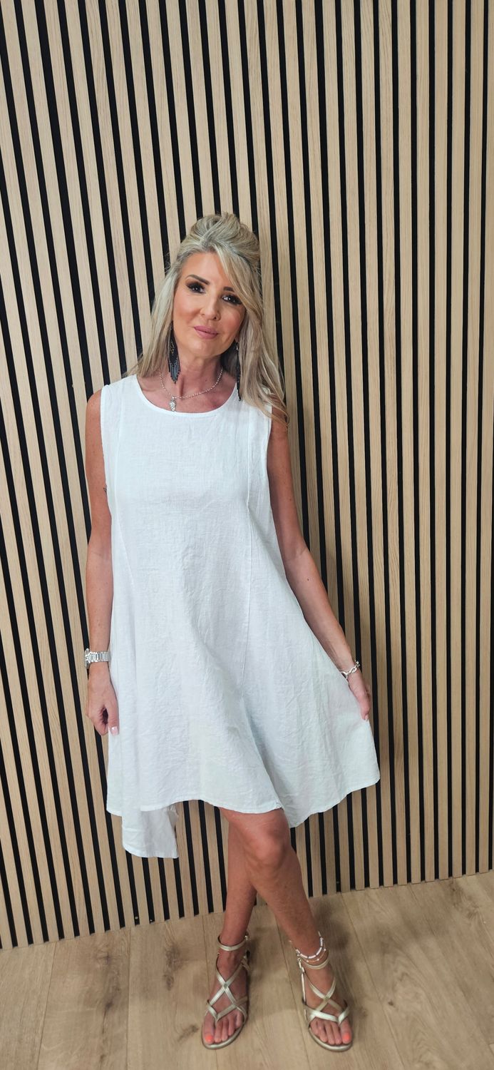 Linen Blend Asymmetric Dress – White