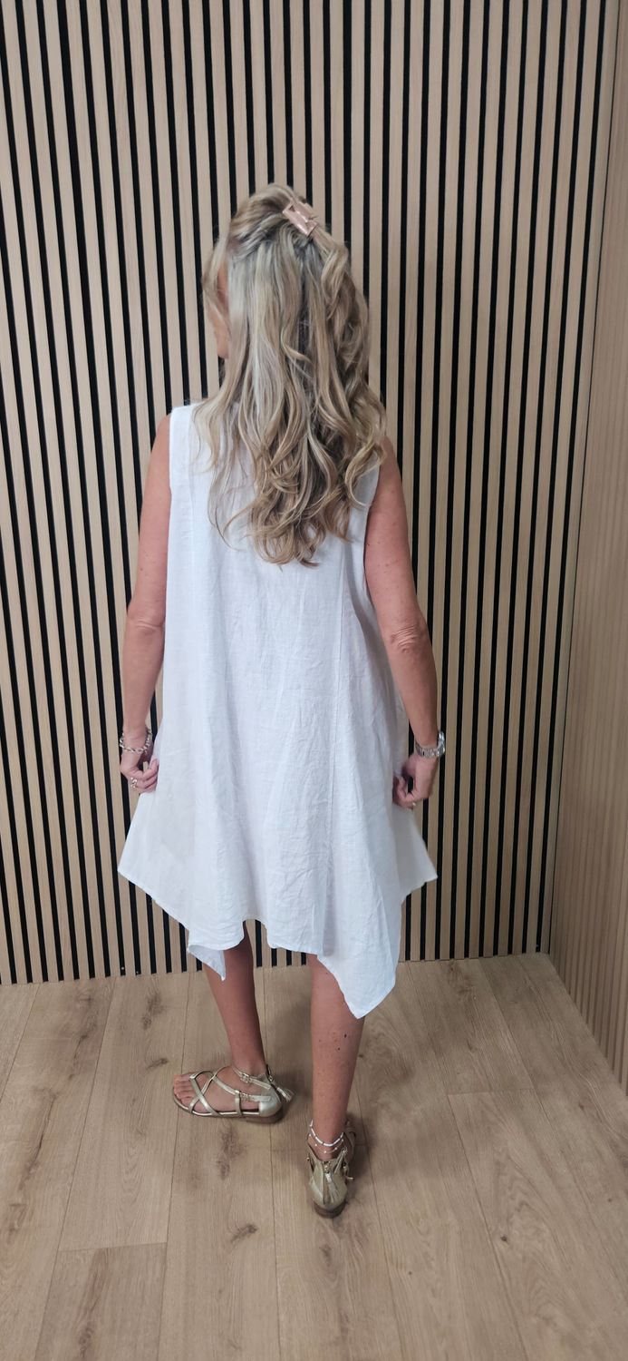 Linen Blend Asymmetric Dress – White