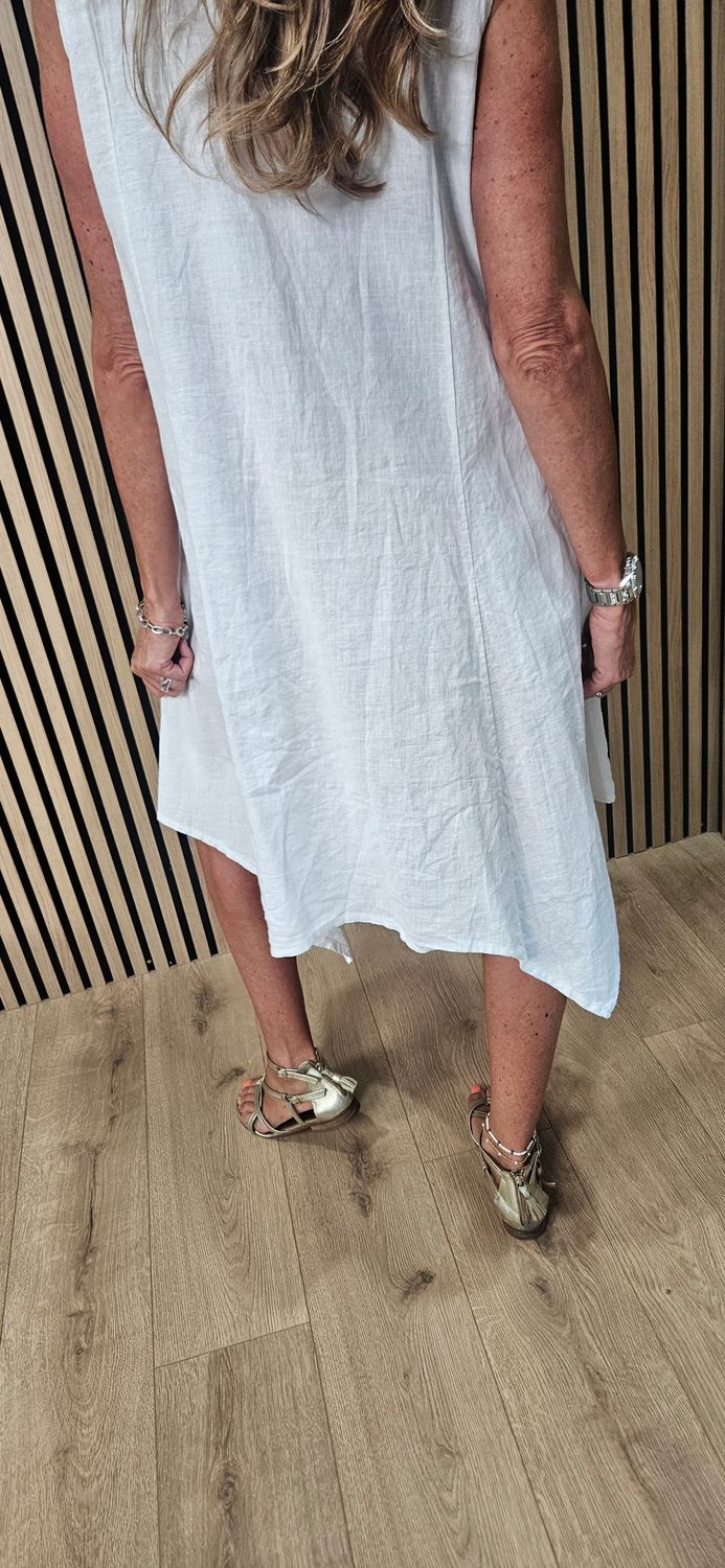 Linen Blend Asymmetric Dress – White