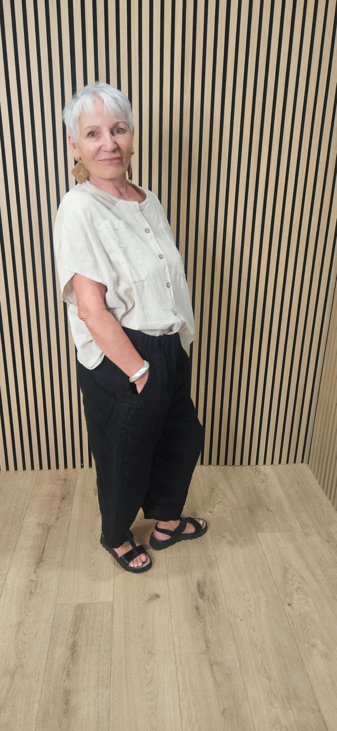 Linen Blend Button detail top - Stone