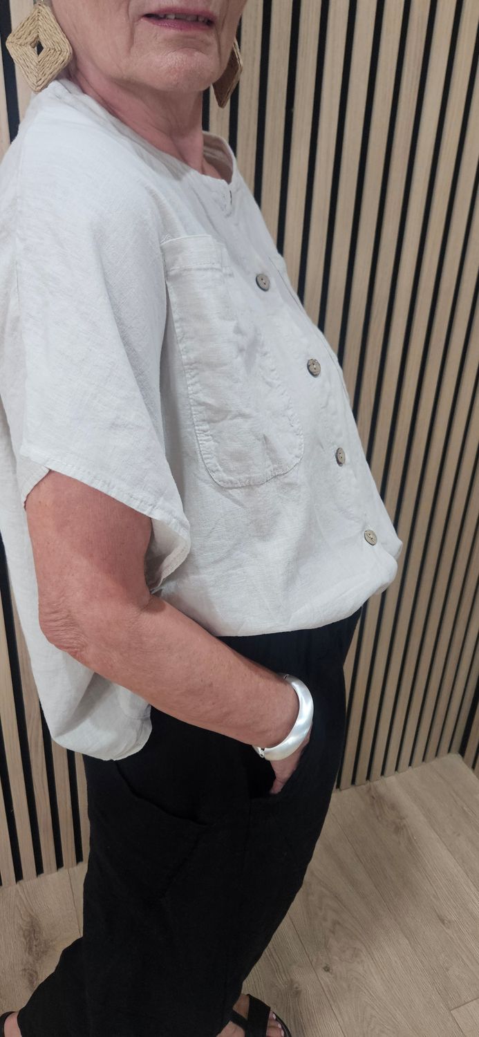 Linen Blend Button detail top - Stone