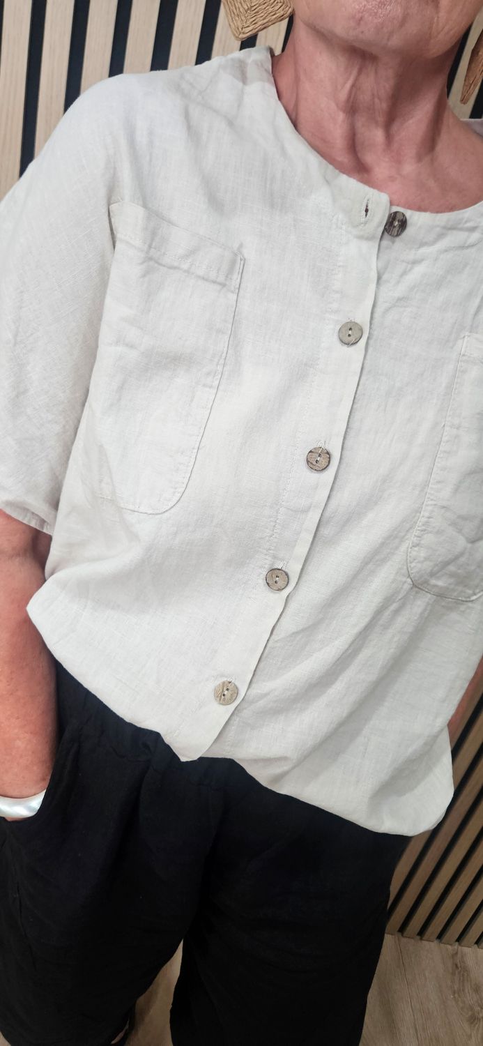 Linen Blend Button detail top - Stone