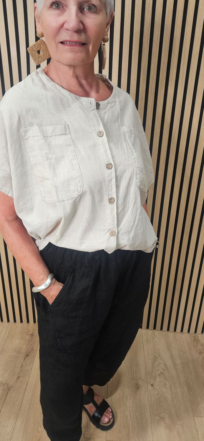 Linen Blend Button detail top - Stone