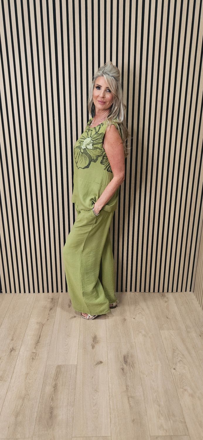 Floral Print Wide Leg Co-Ord Set - Lime