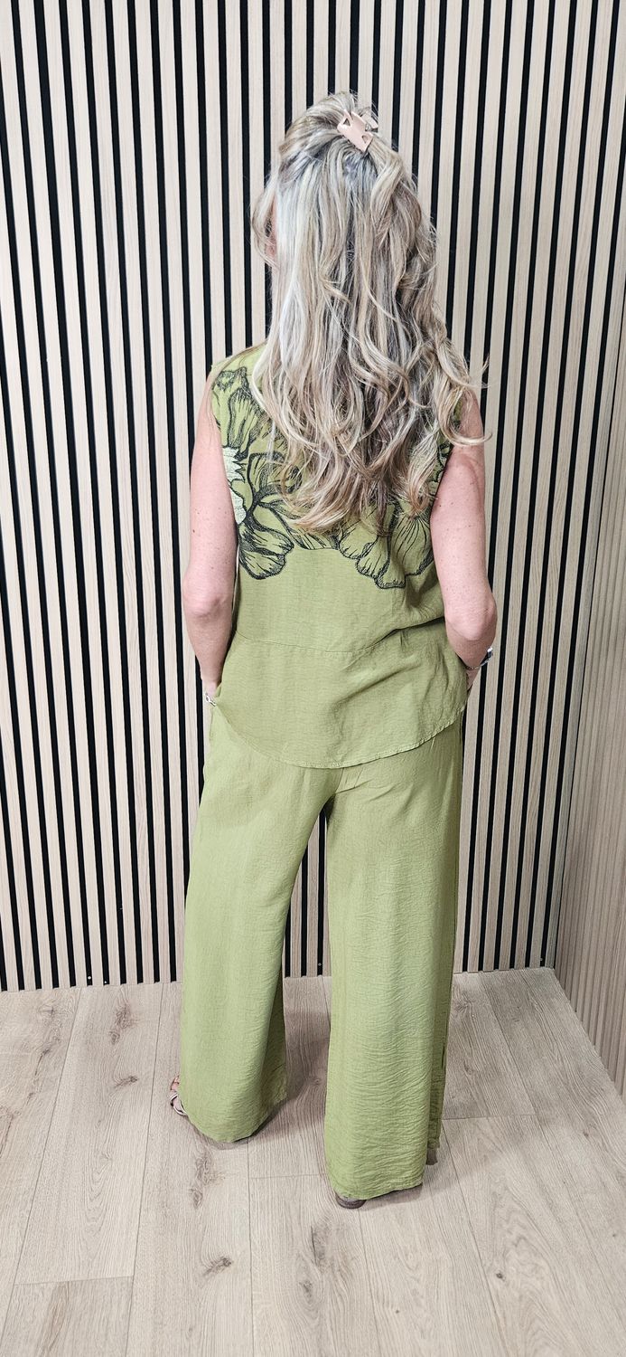 Floral Print Wide Leg Co-Ord Set - Lime