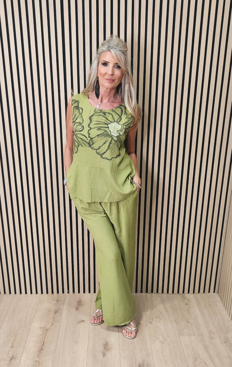 Floral Print Wide Leg Co-Ord Set - Lime