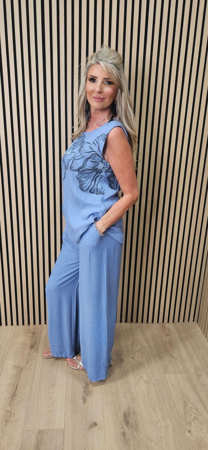 Floral Print Wide Leg Co-Ord Set – Blue