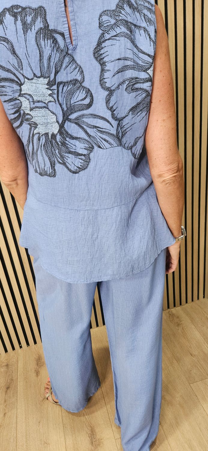 Floral Print Wide Leg Co-Ord Set – Blue
