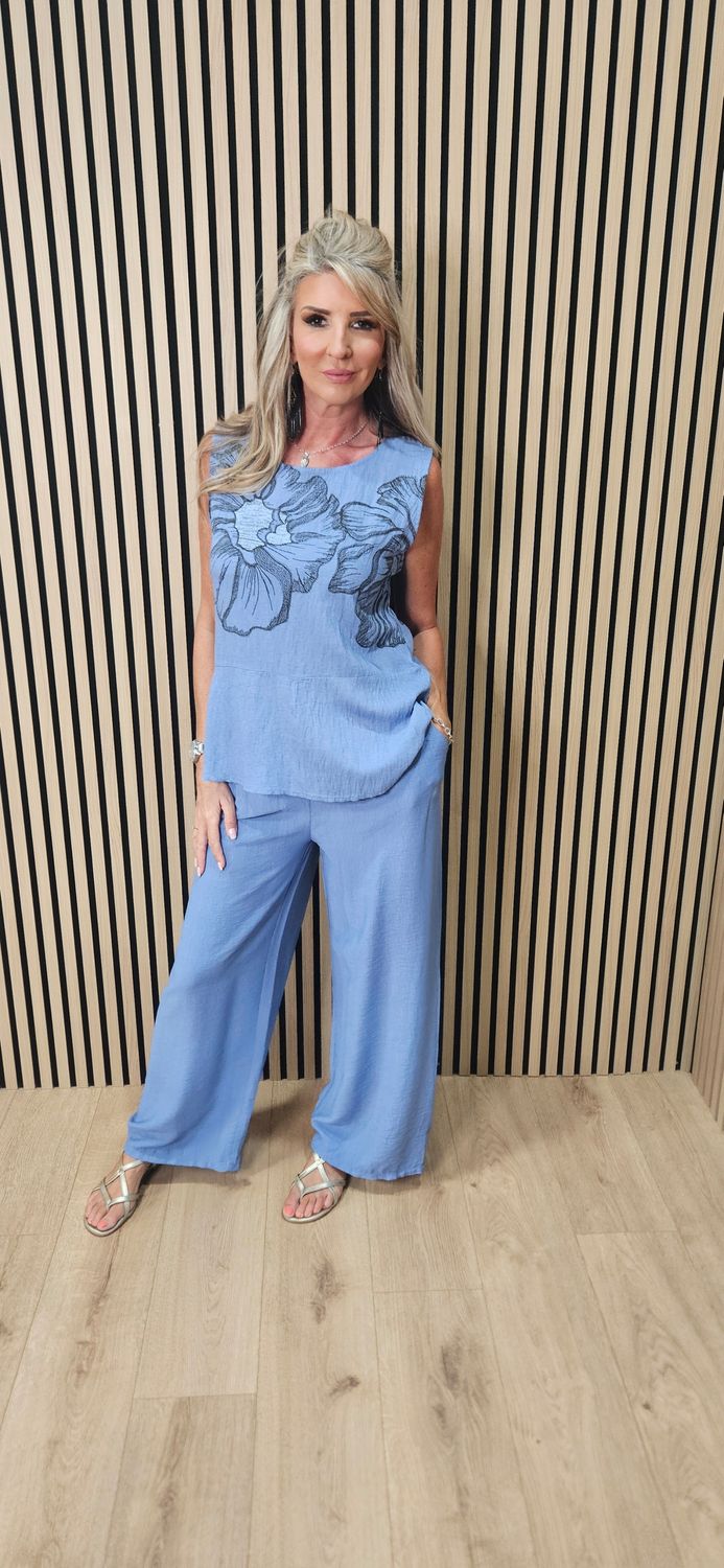 Floral Print Wide Leg Co-Ord Set – Blue
