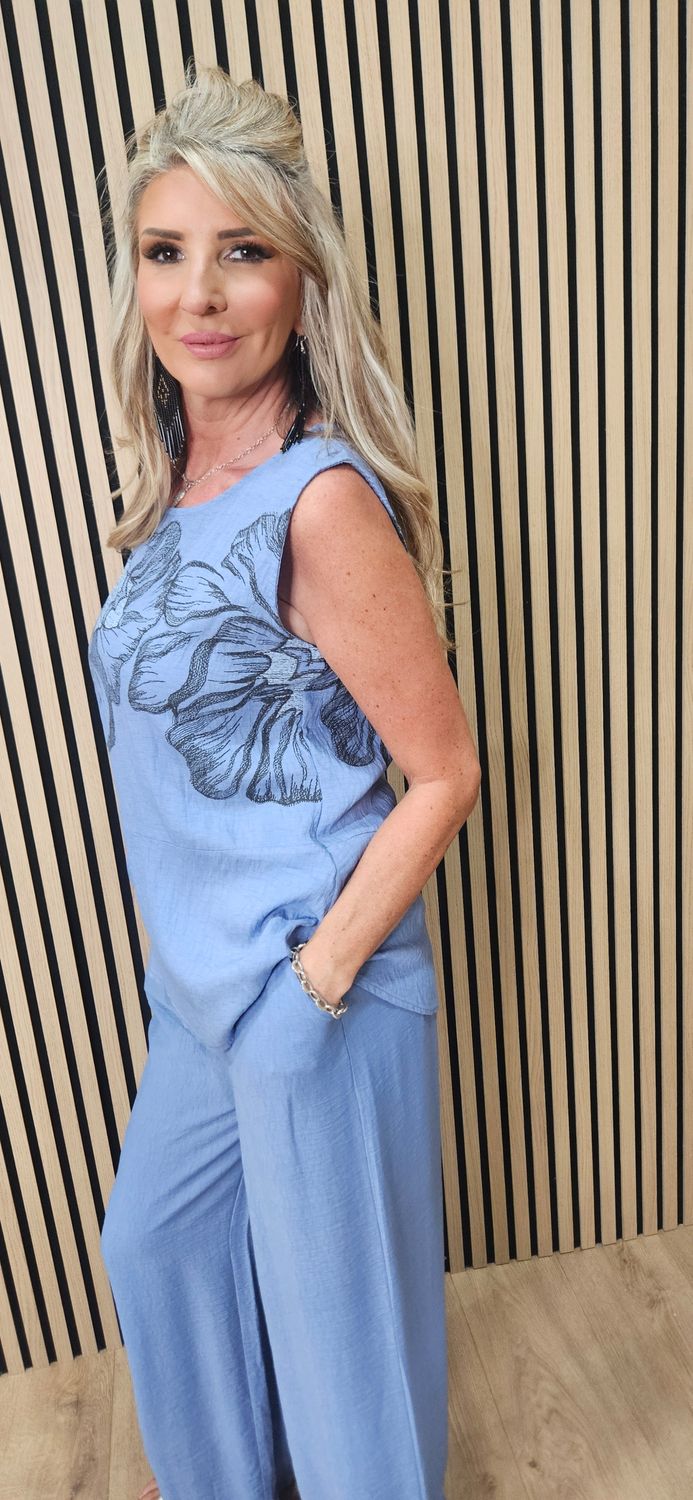 Floral Print Wide Leg Co-Ord Set – Blue