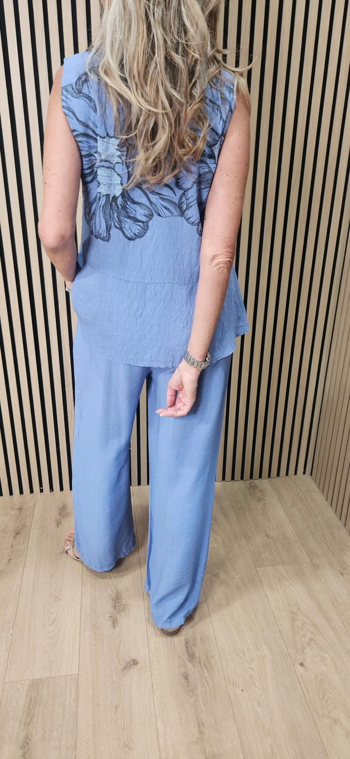 Floral Print Wide Leg Co-Ord Set – Blue