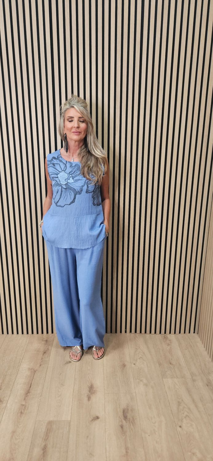 Floral Print Wide Leg Co-Ord Set – Blue