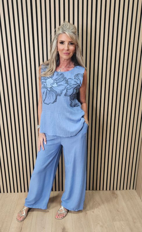 Floral Print Wide Leg Co-Ord Set – Blue
