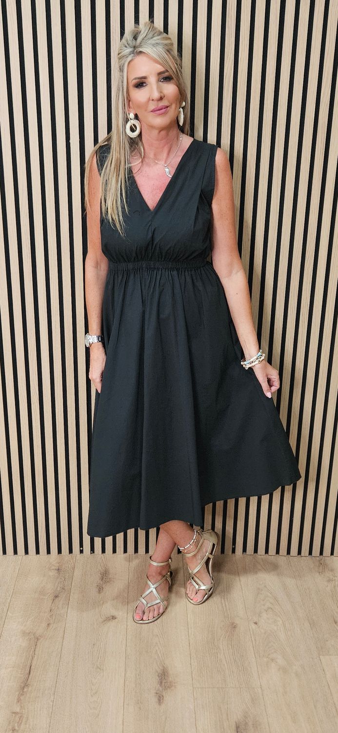 Sleeveless Cotton Midi Dress – Black