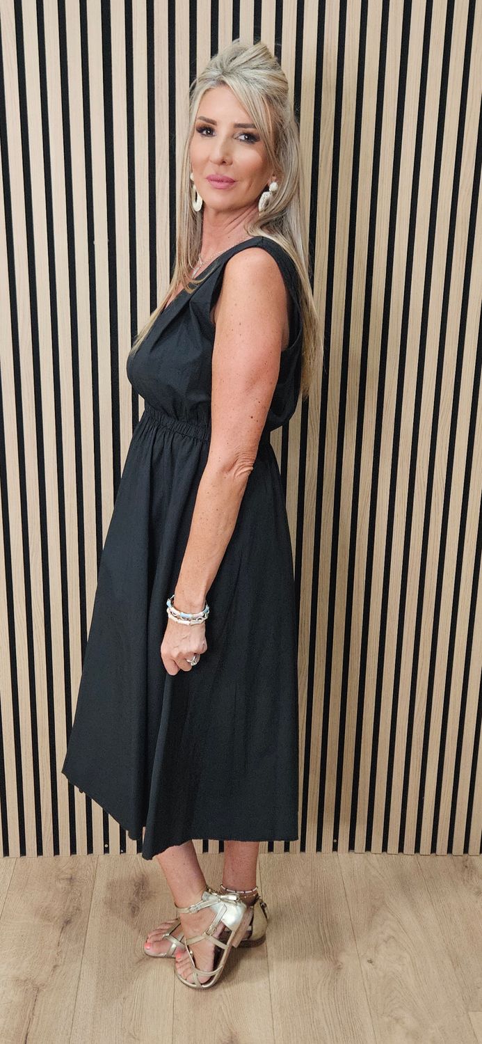 Sleeveless Cotton Midi Dress – Black