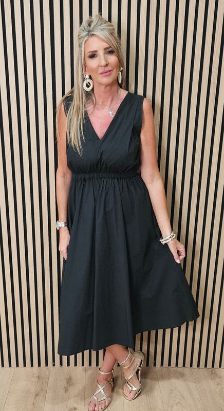 Sleeveless Cotton Midi Dress – Black