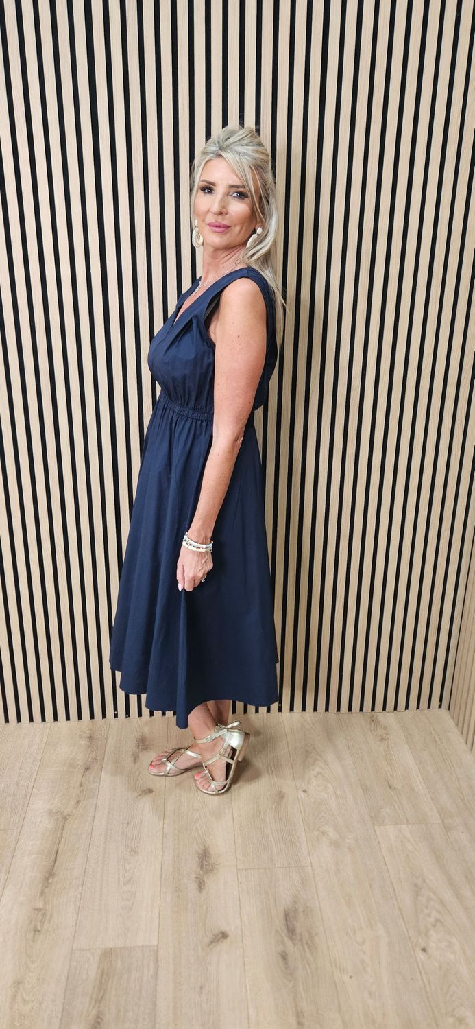 Sleeveless Cotton Midi Dress – Navy