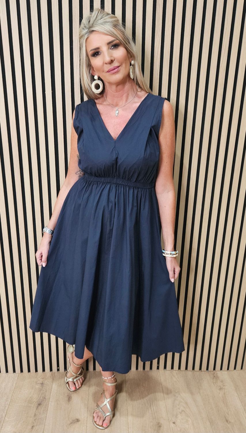 Sleeveless Cotton Midi Dress – Navy