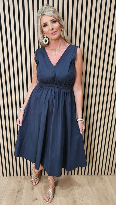 Sleeveless Cotton Midi Dress – Navy