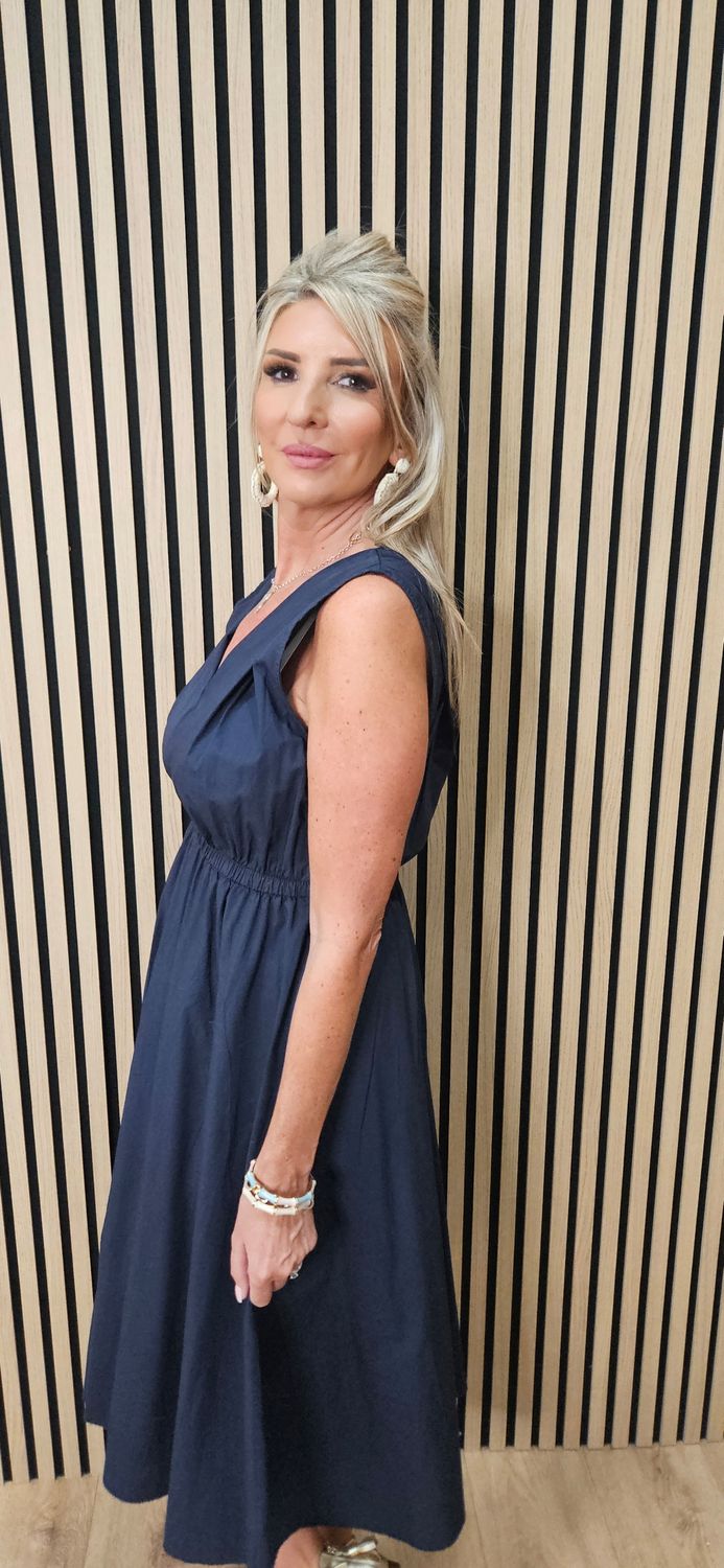 Sleeveless Cotton Midi Dress – Navy