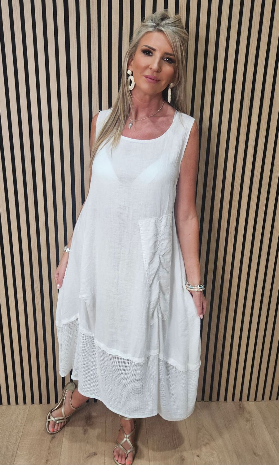 Linen Blend Layered Pocket Dress – White