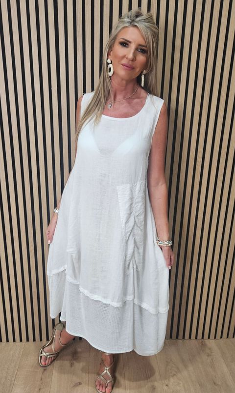 Linen Blend Layered Pocket Dress – White