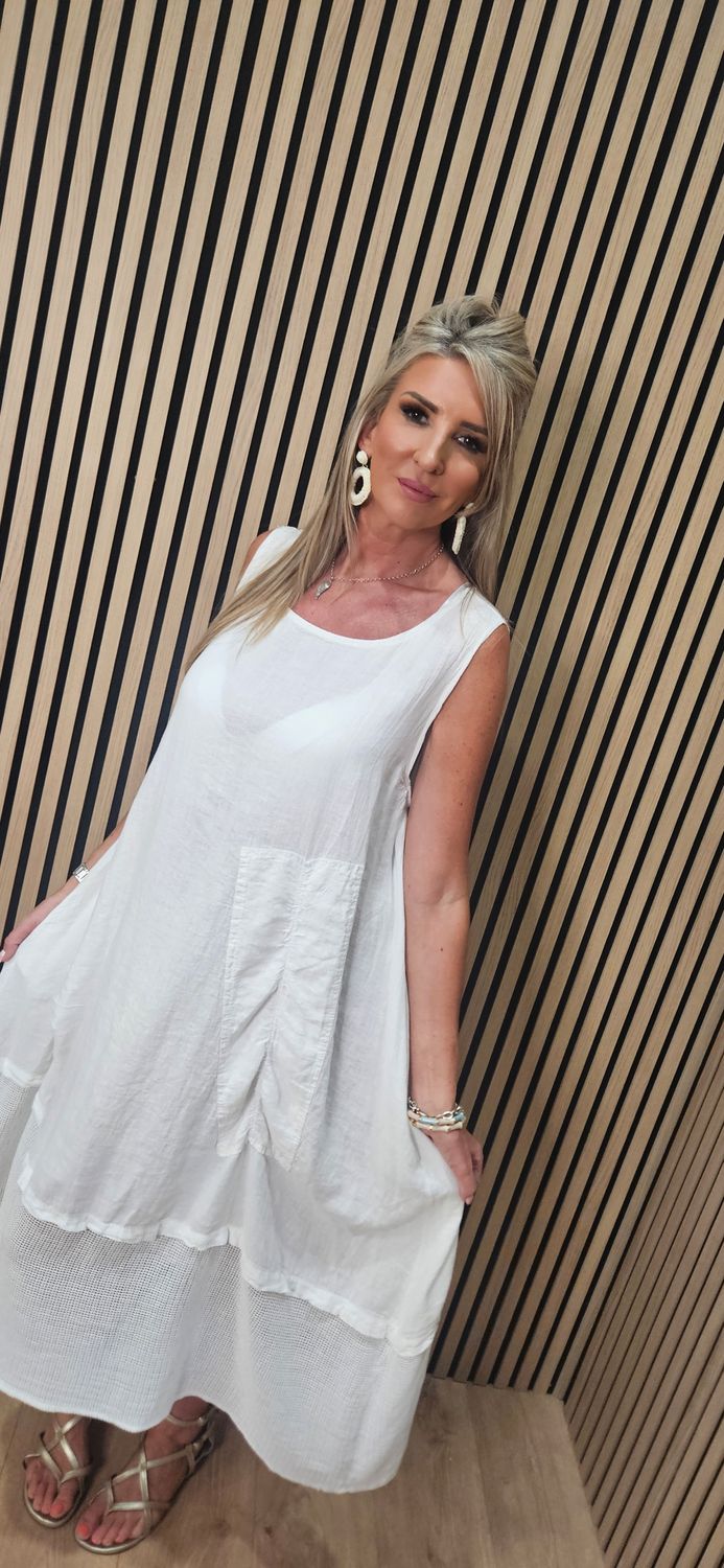 Linen Blend Layered Pocket Dress – White