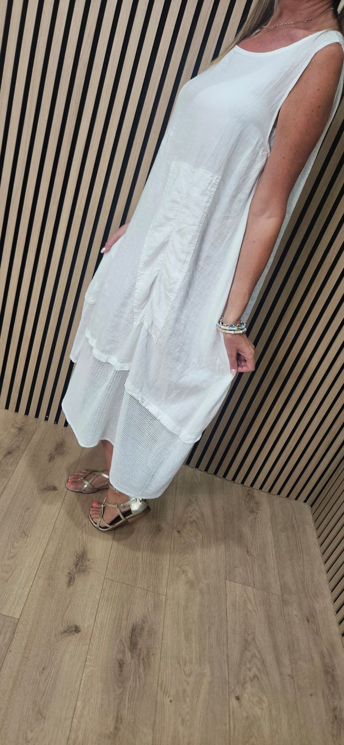 Linen Blend Layered Pocket Dress – White