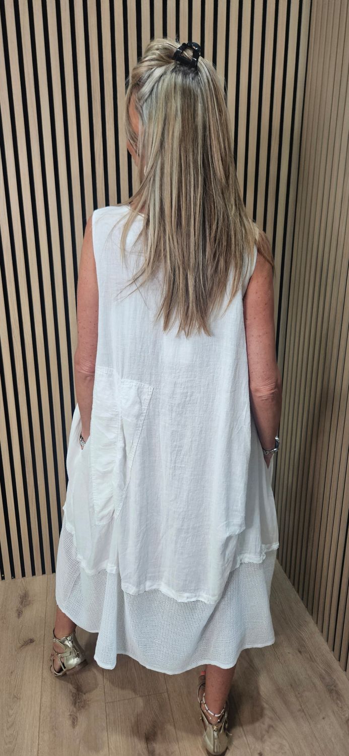 Linen Blend Layered Pocket Dress – White