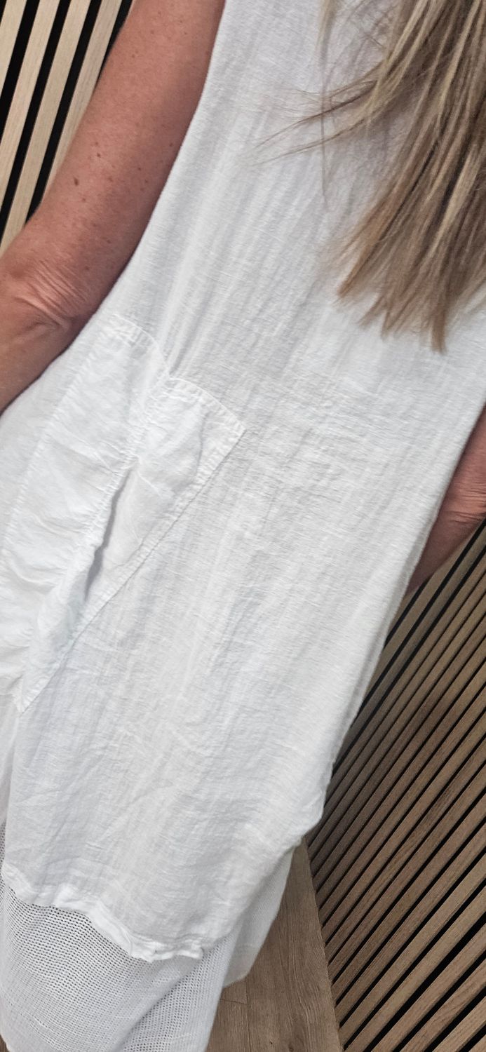 Linen Blend Layered Pocket Dress – White